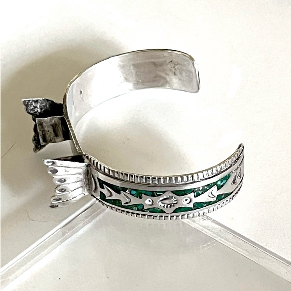 SALE Signed-Gibson Gene Navajo Vntg Crushed Turquoise Inlay Sterling Watch Cuff - Picture 2 of 8